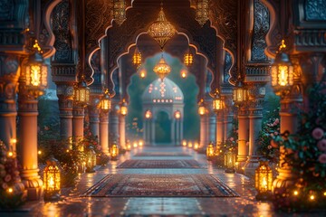 Fototapeta premium Eid Mubarak Royal Elegant Lamp with Mosque Holy Gate with fireworks copy space for text