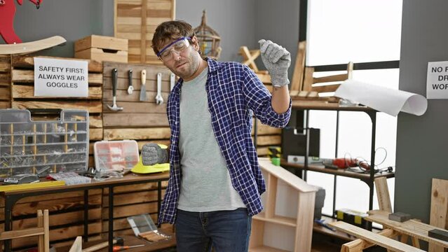 Dancing in sawdust, young hispanic man with blond beard, a professional carpenter, breaks into a dance, glasses gleaming, in his woodwork studio amid timber and tools