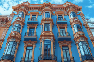 Fototapeta premium Majestic blue facade with intricate ornamental detailing and balconies of a grand historical building. AI Generated.