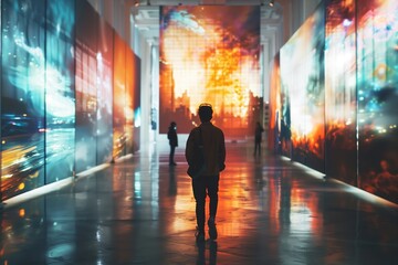 Silhouette of a man walking through an immersive augmented reality art exhibit with vivid glowing displays. AI Generated.