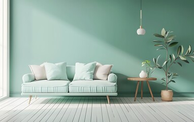 3D rendering of a modern living room interior design with a turquoise sofa and white wooden floor