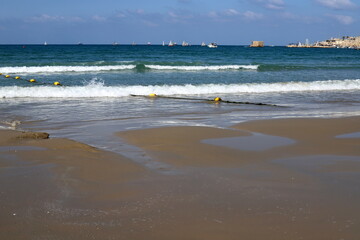 Sandy beach on the shores of the Mediterranean Sea in northern Israel.