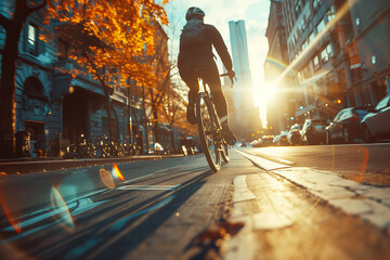 The scene captures a cyclist riding towards the setting sun, illuminating the city street with a...