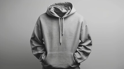 Blank mockup of a gray pullover hoodie with a kangaroo pocket and ribbed cuffs. .