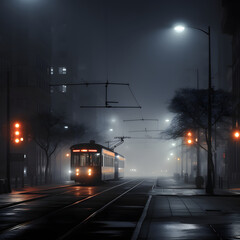 Tram transports passengers in city traffic. Mystical dark night in the town with fog. Cityscape background. 
