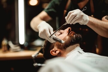 Close-up of a professional barber using electric clippers to trim a man's beard in a stylish barber shop
