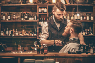 An attentive barber in a classic vest grooming a client's beard in a warmly lit vintage barber shop - Powered by Adobe