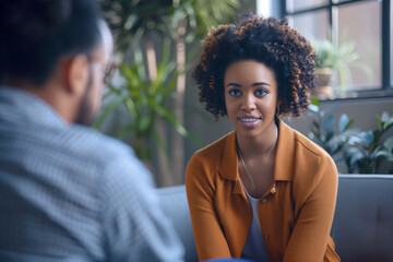 An empathetic therapist in a bright room listens intently, aiding in the journey to mental wellbeing AI Generated.