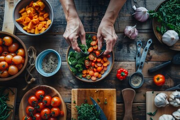 Hands arranging a vibrant mix of cherry tomatoes and broccoli on a rustic wooden surface, surrounded by various fresh vegetables and herbs. AI Generated