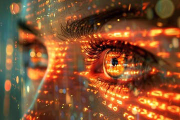 Macro of an eye with reflected digital data, concept of cyber security. AI Generated.