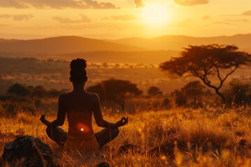 At dawn's first light, a solitary figure finds tranquility in yoga, amidst Africa's vast landscapes. - AI Generated