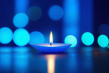 Vesak holiday background. Candle over blue bokeh background. Vesak Day backdrop - obrazy, fototapety, plakaty