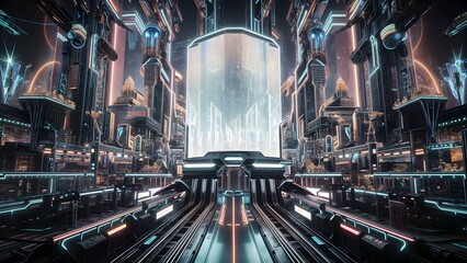 Futuristic cyber cityscape with glowing structures - obrazy, fototapety, plakaty