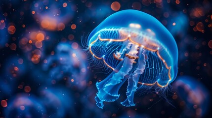 Bioluminescent jellyfish floating in the deep blue ocean abyss - obrazy, fototapety, plakaty