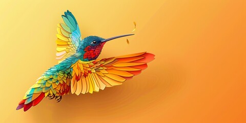 Bright paper hummingbird in flight. Cut paper technique. Generative AI