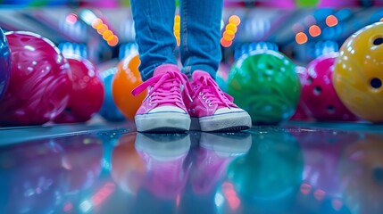 Child's viewpoint standing with pink sneakers among colorful bowling balls - obrazy, fototapety, plakaty
