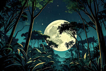 Jungle tree canopy illuminated by a full moon vector art illustration image.

