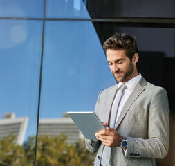Building, outdoor and businessman online with tablet for company growth or report review and...