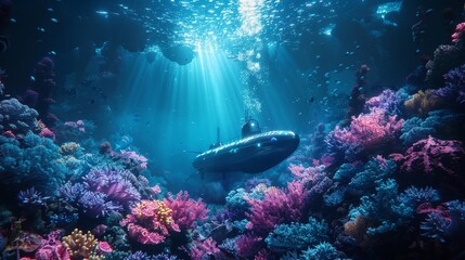 Deep sea mystery with a submarine exploring coral reefs under a ray of light - obrazy, fototapety, plakaty