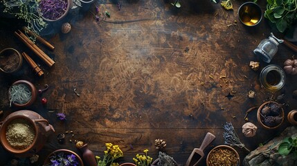 witch table with magical attributes top view.