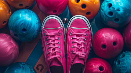 Looking down at bright pink canvas shoes surrounded by bowling balls on a shiny floor - obrazy, fototapety, plakaty