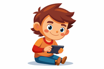 Cute Boy playing video games on mobile phone Vector illustration in cartoon style white background