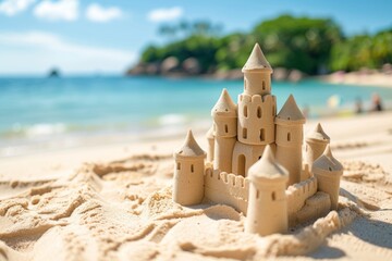 An elaborate sand castle stands on the sandy shore by the waters edge, blending into the natural landscape as a stunning piece of ephemeral art