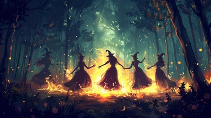 witches dance around a fire in the night forest.