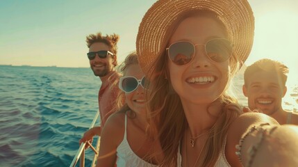 Happy smiling young people taking selfie against sea background, beach holiday with friends