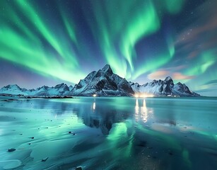 A beautiful northern lights display over the Lofoten Islands in Norway