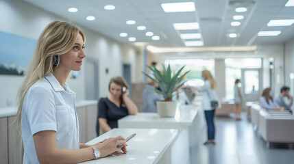 Professional Young Female Receptionist with Colleagues in Modern Office Setting