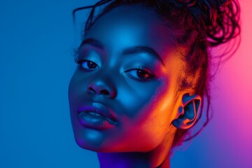 Close-up portrait of a beautiful young girl in neon color, shooting for a fashion magazine