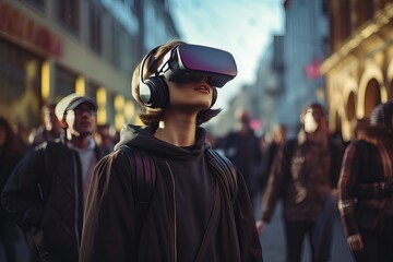 Digitalization of society as a modern disease of the mind. A lot of young people on the street in virtual reality glasses.