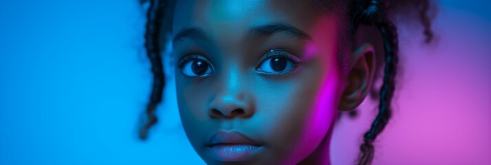Close-up portrait of a beautiful young girl in neon color, shooting for a fashion magazine, banner