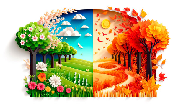 Paper art depicting changing seasons in a dual landscape, split between spring bloom and autumn foliage, perfect for themes on nature, seasons, and transitions.