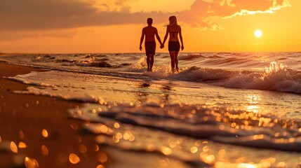 A couple in love holding hands walking on the beach 