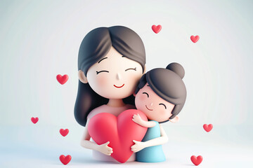 3d cute cartoon style mom and daughter hugging with red heart gift for happy mother day with smaller hearts floating around them