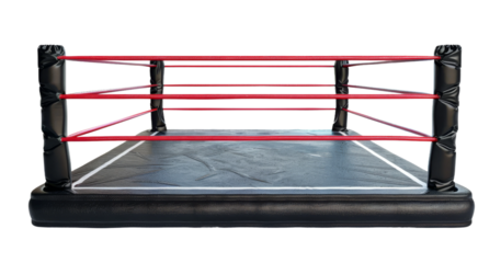 A boxing ring with red and black ropes isolated from the white or transparent background