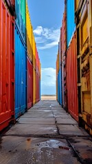 Row of colored cargo containers on both sides on a sunny day, cargo transportation