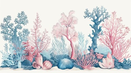vintage botanical illustration of pink and blue corals and seaweed ocean underwater flora line art