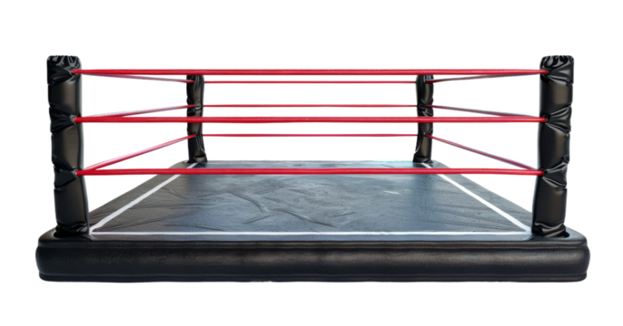 A boxing ring with red and black ropes isolated from the white or transparent background
