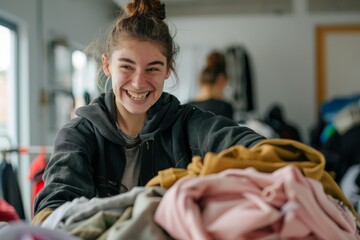 Delighted young woman laughing while sorting laundry in a casual indoor setting