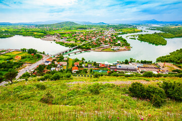 Naklejka premium Shkoder town aerial panoramic view, Albania