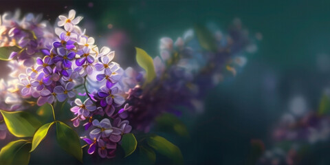 Fototapeta na wymiar Abstract natural Lilac flowers spring blossom on blur spring background, sunny day light bokeh on blur