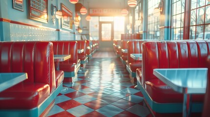 Vintage diner interior with red and teal booths sunlit by morning rays - obrazy, fototapety, plakaty
