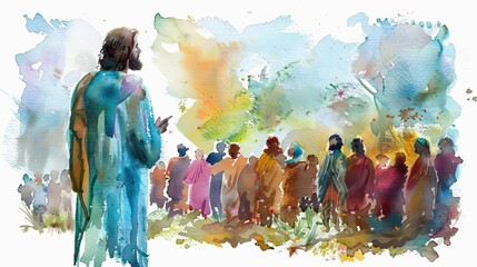 watercolor painting of jesus christ ministering to people religious art illustration - obrazy, fototapety, plakaty