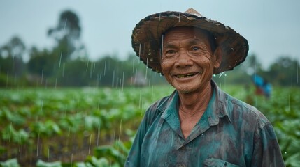 An elderly farmer with a traditional hat smiles during rain in a lush green field - obrazy, fototapety, plakaty