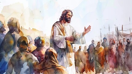watercolor painting of jesus christ ministering to people religious art illustration - obrazy, fototapety, plakaty
