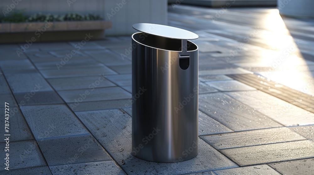 Poster Modern minimalist public trash can with a builtin sensor for automatic opening. .