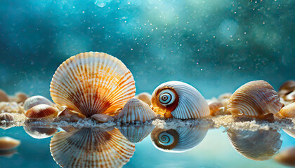 Close-up of beautiful sea shells. Blurred blue background. Summer vacation and travel - obrazy, fototapety, plakaty
